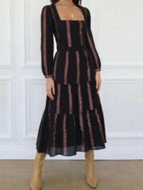 Adelyn Rae Black Midi Dress with Rust Stripe Accents (SKU795)